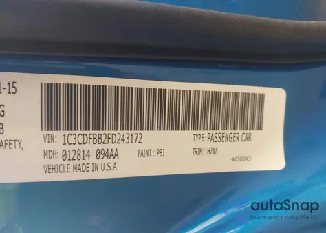 2015 Dodge Dart Sxt из США, поврежденный, VIN 1C3CDFBB2FD243172